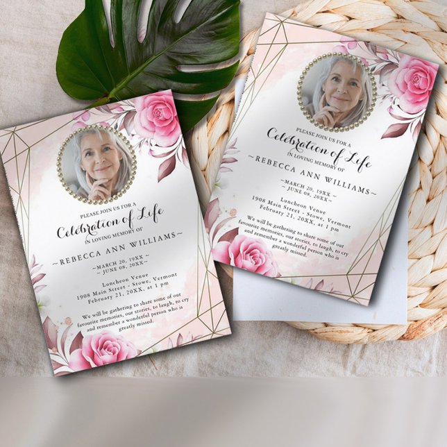 Elegant Rosy Photo Celebration of Life  Invitation (Creator Uploaded)