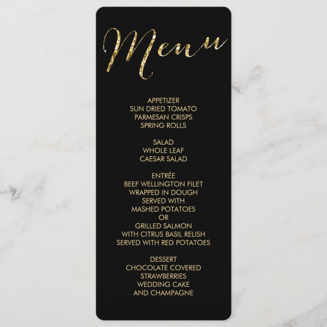 Elegant Round Black And Gold Foil Wedding Menu (Front)