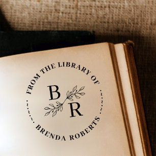 Elegant Round Botanical Initials Library Bookplate Rubber Stamp