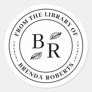 Elegant Round Botanical Initials Personal Library Classic Round Sticker