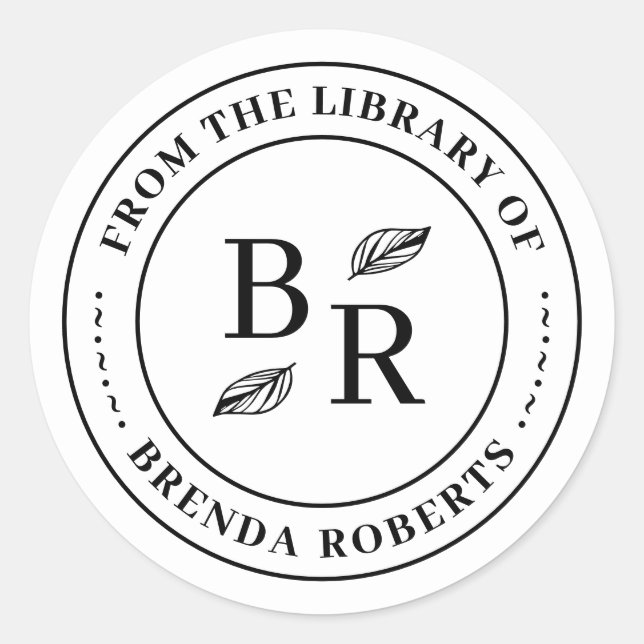 Elegant Round Botanical Initials Personal Library Classic Round Sticker (Front)