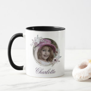 Elegant Round Flower Picture Frame Name Photo Mug