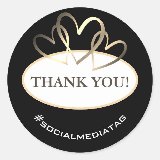Elegant Round Golden Hearts Thank You Labels Black (Front)