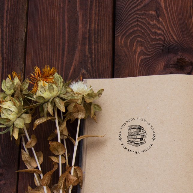 Elegant Round Hand-drawn Custom Name Library Books Rubber Stamp (Creator Uploaded)