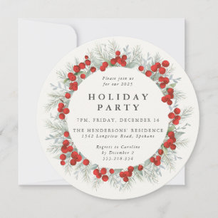 Elegant Round Red Berries Christmas Holiday Party Invitation