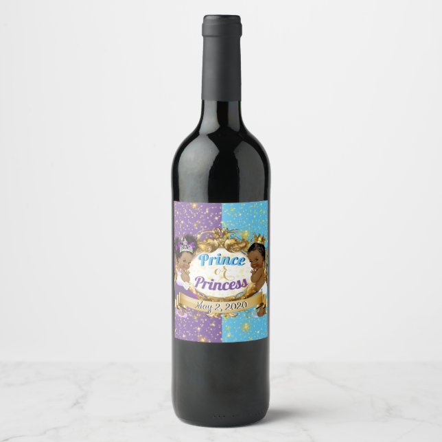 Elegant Royal African Gender Reveal Purple & Blue Wine Label (Front)