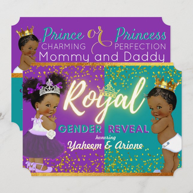 Elegant Royal African Gender Reveal Purple & Teal Invitation (Front/Back)
