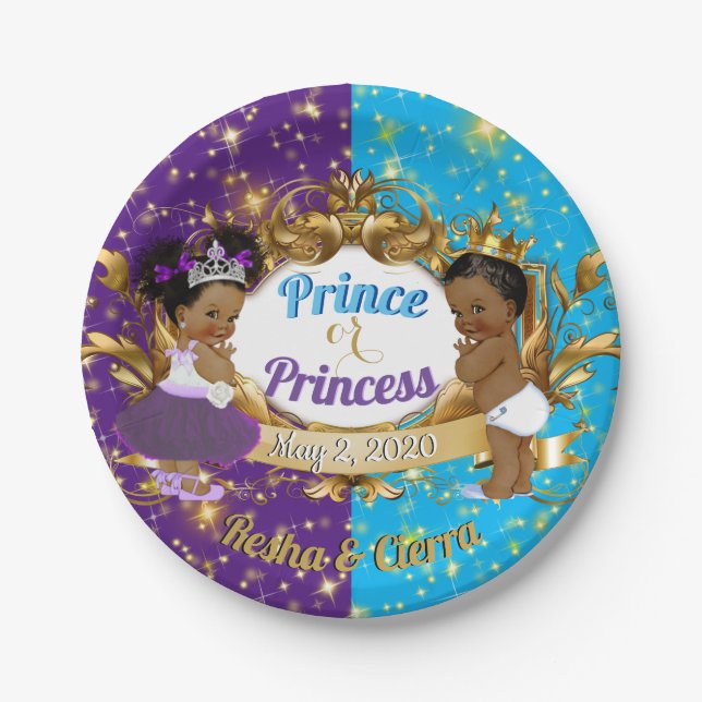 Elegant Royal African Purple & Blue Gender Reveal Paper Plate (Front)