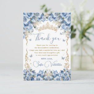 Elegant Royal Baby Blue Gold Quinceañera Crown Thank You Card