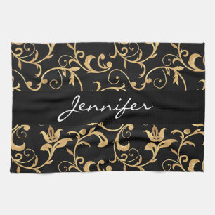 Elegant Royal Black and Gold  Damask Kitchen Towel