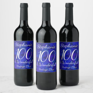 Elegant Royal Blue 100 & Wonderful Birthday Party Wine Label