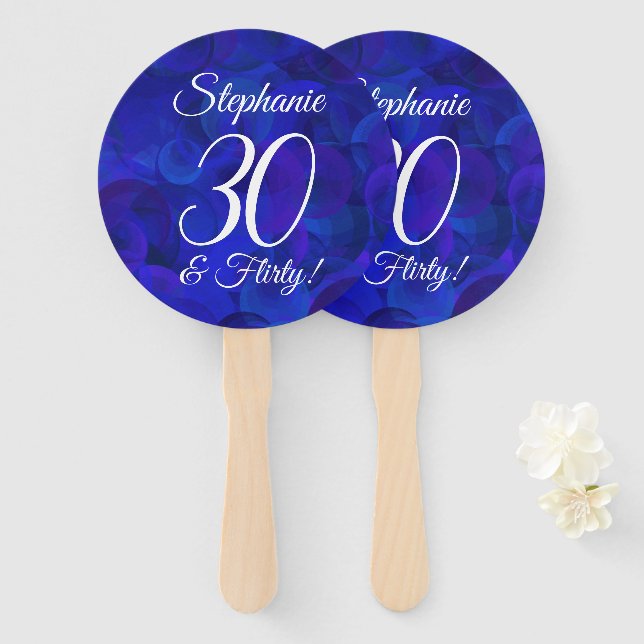 Elegant Royal Blue 30 and Flirty Birthday Hand Fan (Front and Back)