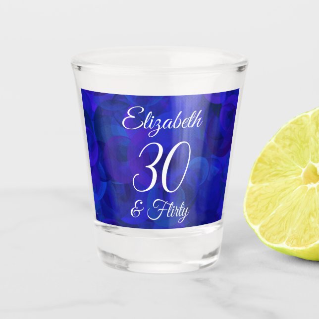Elegant Royal Blue 30 and Flirty Birthday Party Shot Glass (Front)