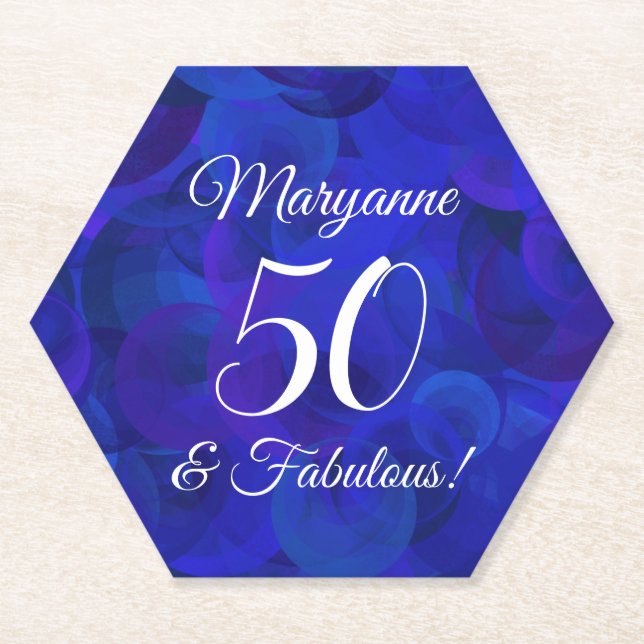 Elegant Royal Blue 50 and Fabulous Birthday Party Paper Coaster (Front)