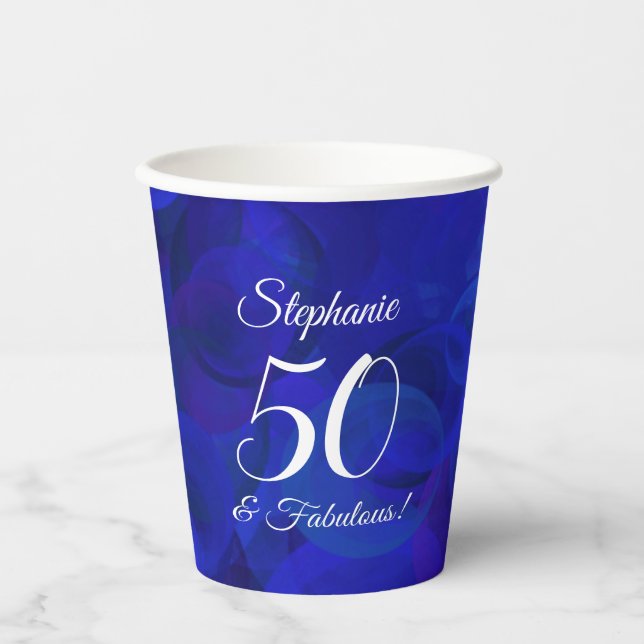 Elegant Royal Blue 50 and Fabulous Birthday Party Paper Cups (Front)