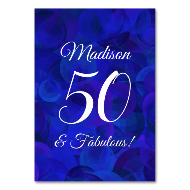 Elegant Royal Blue 50 and Fabulous Birthday Party Table Number (Front)
