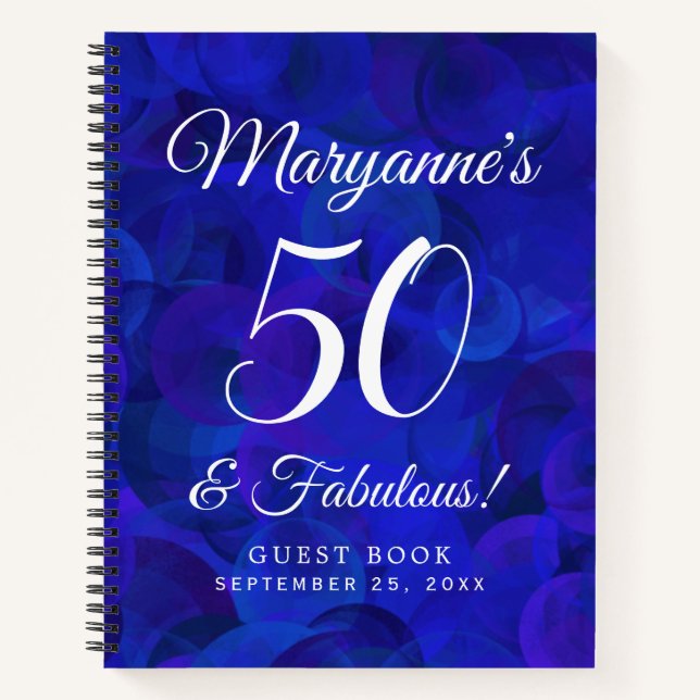 Elegant Royal Blue 50 & Fabulous Birthday Party Notebook (Front)