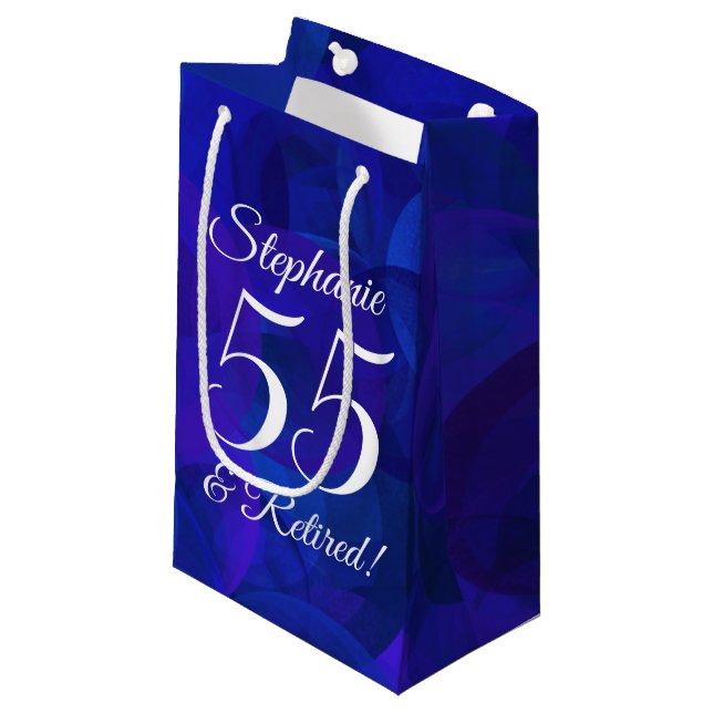 Elegant Royal Blue 55 & Retired Retirement Party Small Gift Bag (Front Angled)