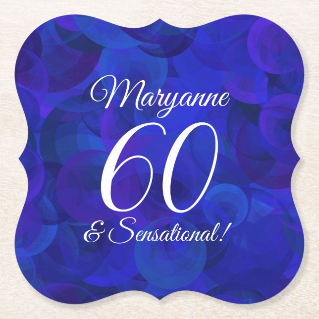 Elegant Royal Blue 60 and Sensational Birthday Paper Coaster (Front)
