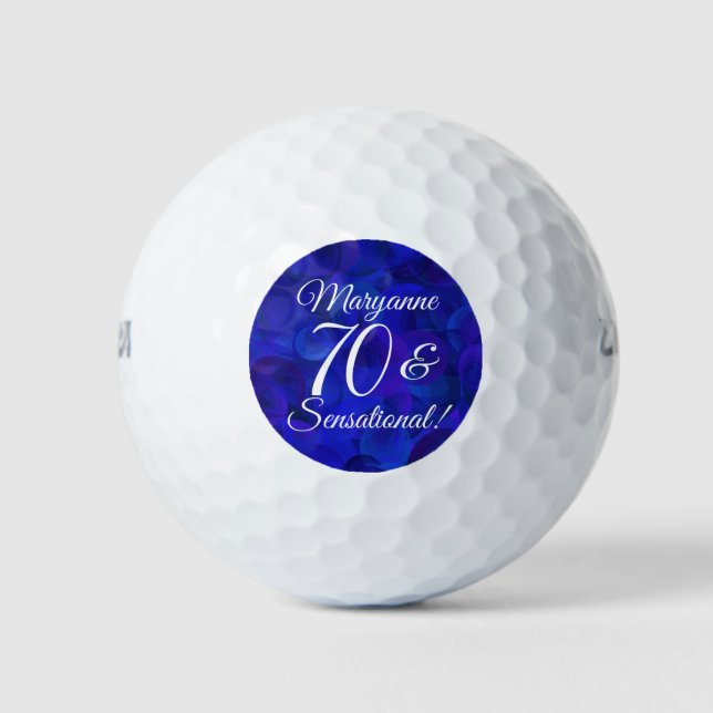 Elegant Royal Blue 70 & Sensational Birthday Party Golf Balls (Front)