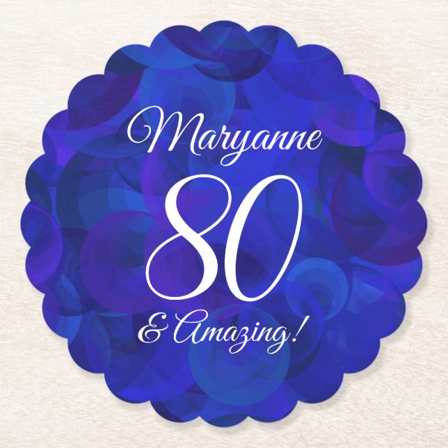 Elegant Royal Blue 80 and Amazing Birthday Party Paper Coaster (Front)