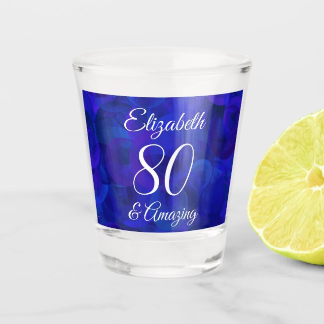 Elegant Royal Blue 80 and Amazing Birthday Party Shot Glass (Front)