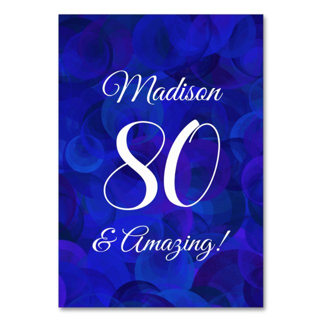 Elegant Royal Blue 80 and Amazing Birthday Party Table Number (Front)