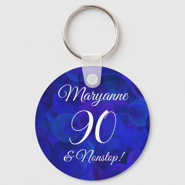 Elegant Royal Blue 90 and Nonstop Birthday Party Key Ring (Front)