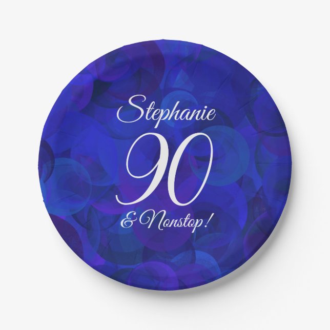 Elegant Royal Blue 90 and Nonstop Birthday Party Paper Plate (Front)