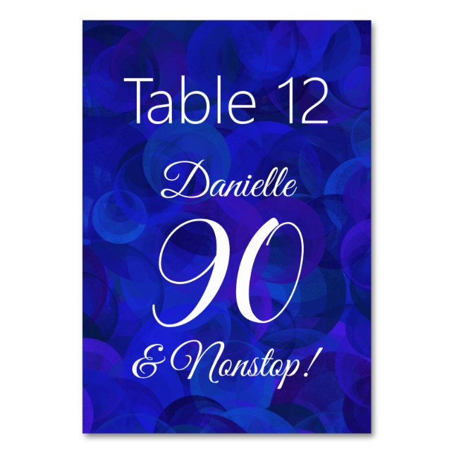 Elegant Royal Blue 90 and Nonstop Birthday Party Table Number (Front)