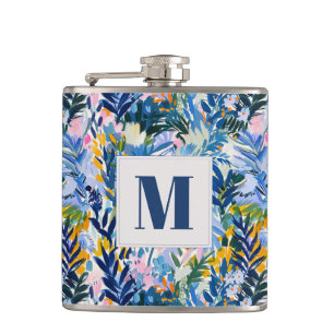 Elegant Royal Blue Abstract Botanical Monogrammed Hip Flask