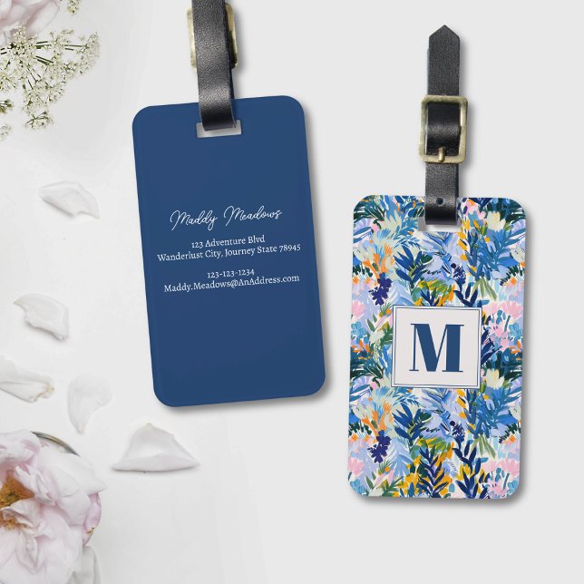 Elegant Royal Blue Abstract Botanical Monogrammed  Luggage Tag (Monogrammed abstract floral luggage tag)
