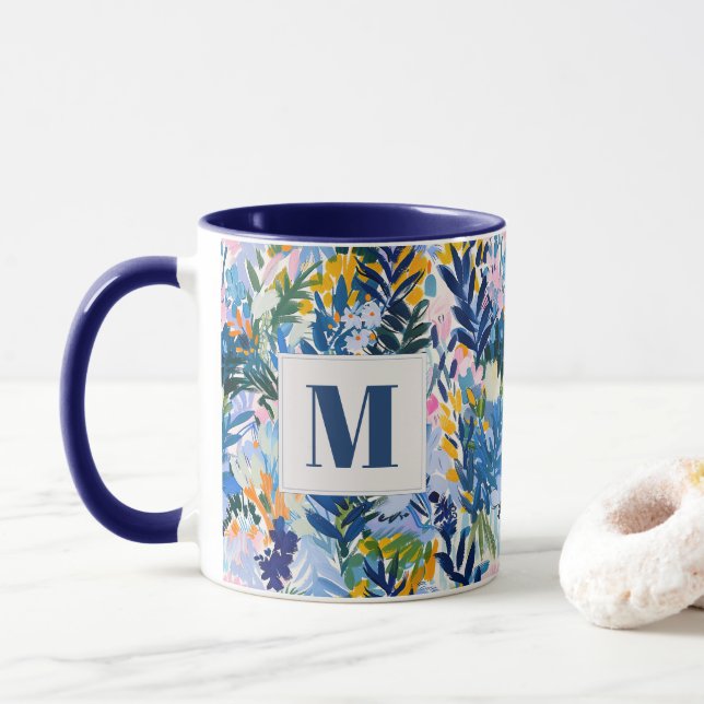 Elegant Royal Blue Abstract Botanical Monogrammed  Mug (With Donut)