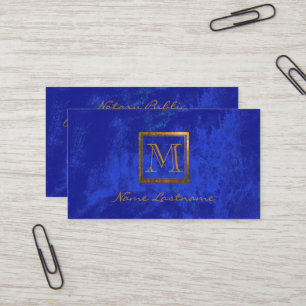 Elegant Royal Blue Abstract Gold Monogram Notary Business Card