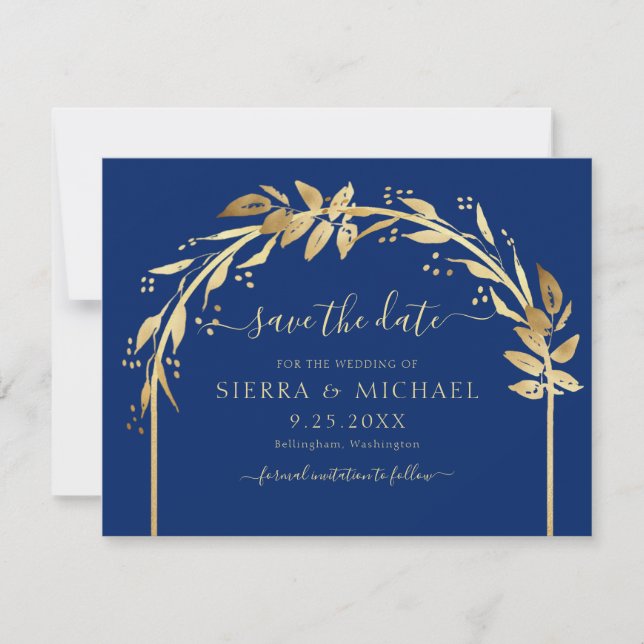 Elegant Royal Blue and Gold Foliage Arch Wedding Save The Date (Front)