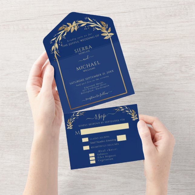 Elegant Royal Blue and Gold Foliage Wedding Arch All In One Invitation (Tearaway)