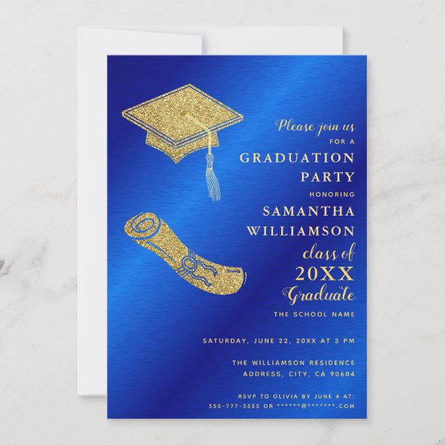 Elegant Royal Blue and Gold Graduation Invitation (Front)