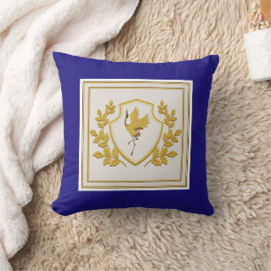 Elegant Royal Blue and Gold Heraldic Crane Crest Cushion