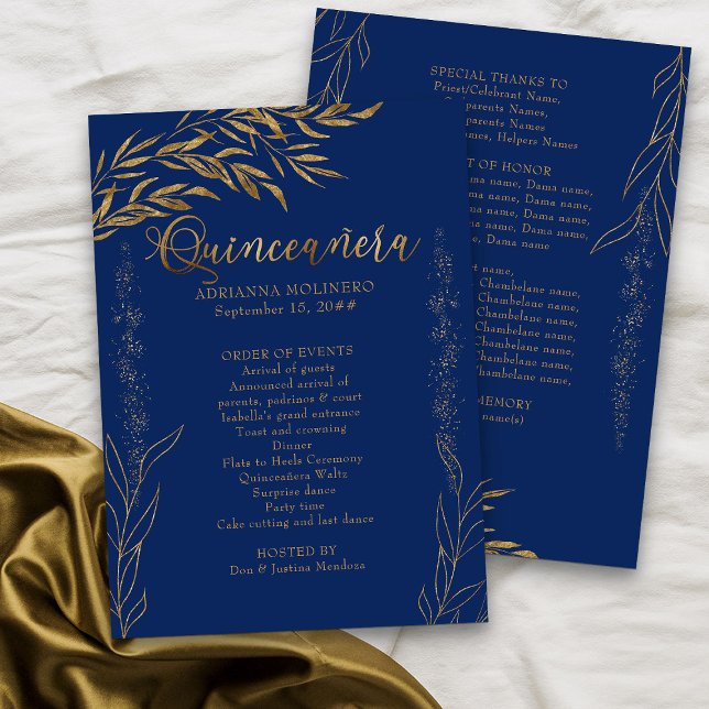 Elegant Royal Blue and Gold Leaf Quinceanera Programme (Royal Blue Program from my Gold Leaf Quinceanera Collection)
