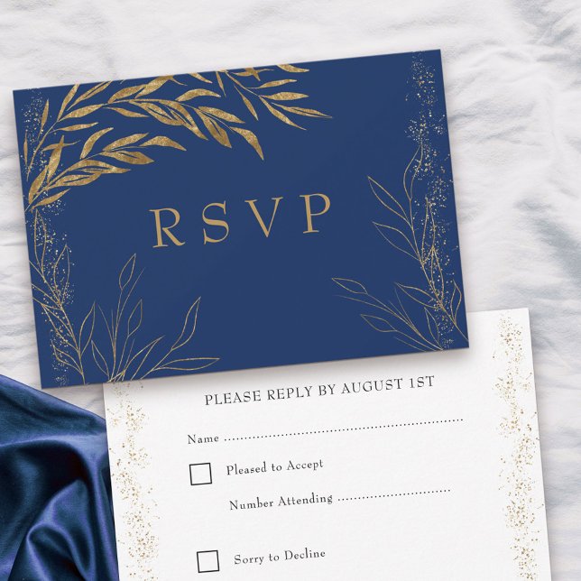 Elegant Royal Blue and Gold Leaf RSVP Card (Response Card with editable RSVP date in blue, from my Gold Leaf Collection
)