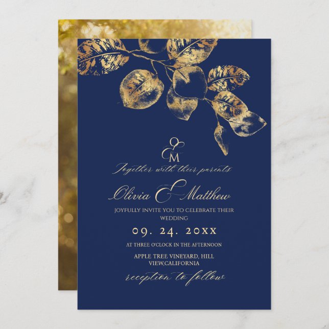 Elegant Royal Blue and Gold Leafs Wedding Invitation (Front/Back)