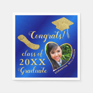 Elegant Royal Blue and Gold Photo 2025 Graduation Napkin