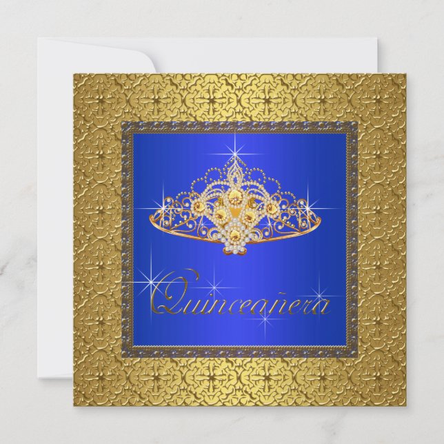 Elegant Royal Blue and Gold Quinceanera Invitation (Front)
