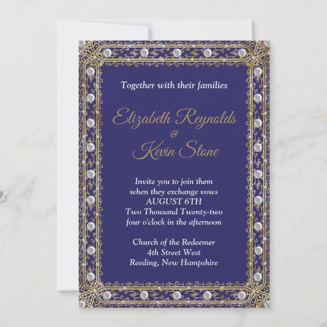 Elegant royal blue and gold wedding Invitation (Front)