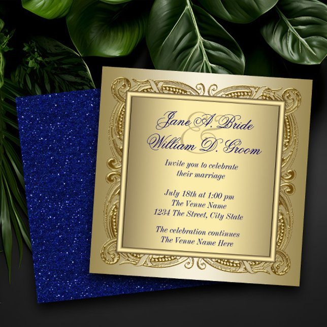 Elegant Royal Blue and Gold Wedding Invitation (Royal blue and gold wedding invitation with elegant gold swirls. )