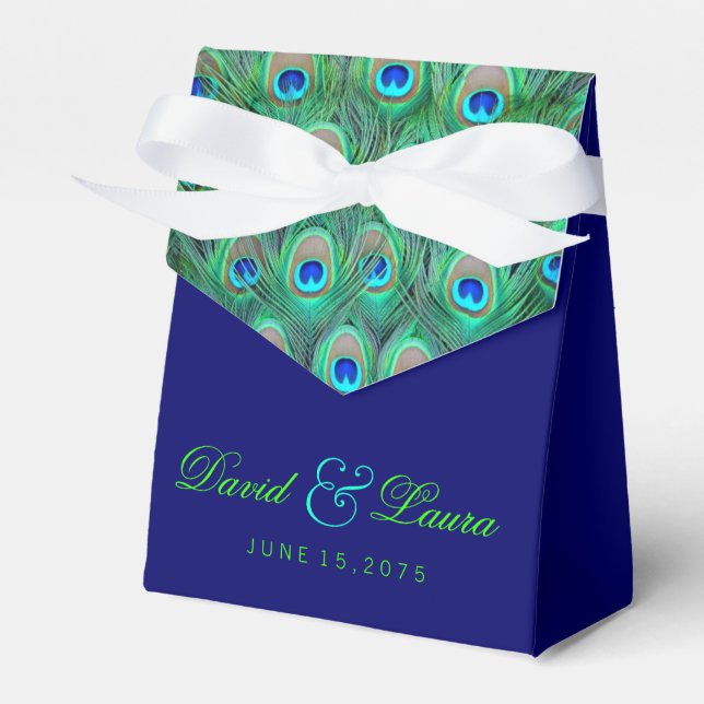 Elegant Royal Blue and Green Peacock Wedding Favour Box (Front Side)