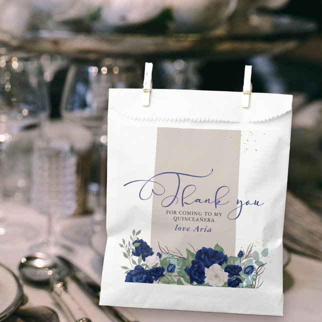 Elegant Royal Blue and Ivory Roses Thank You Favour Bags (Thank you for coming favor bags with sweet calligraphy and border of royal navy blue and ivory roses)