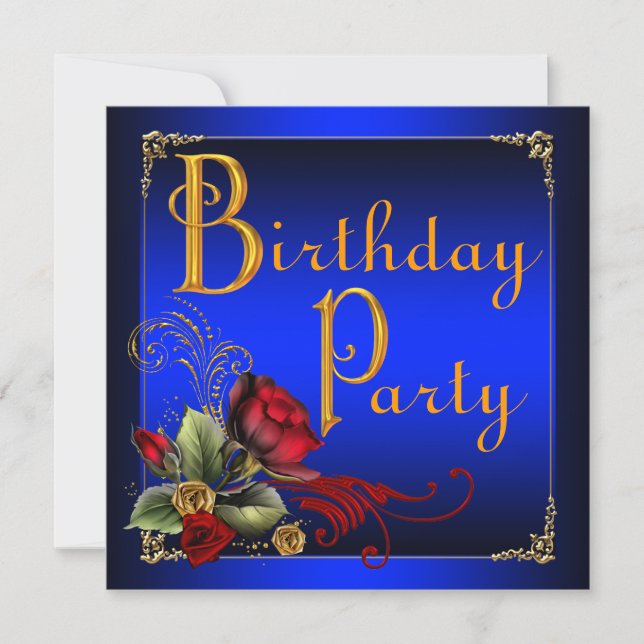 Elegant Royal Blue and Red Rose Birthday Party Invitation (Front)
