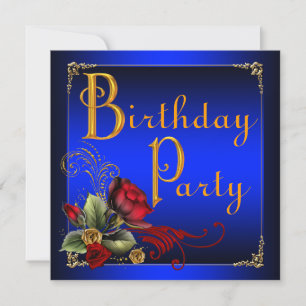 Elegant Royal Blue and Red Rose Birthday Party Invitation
