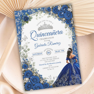 Elegant Royal Blue and Silver Roses Quinceañera Invitation